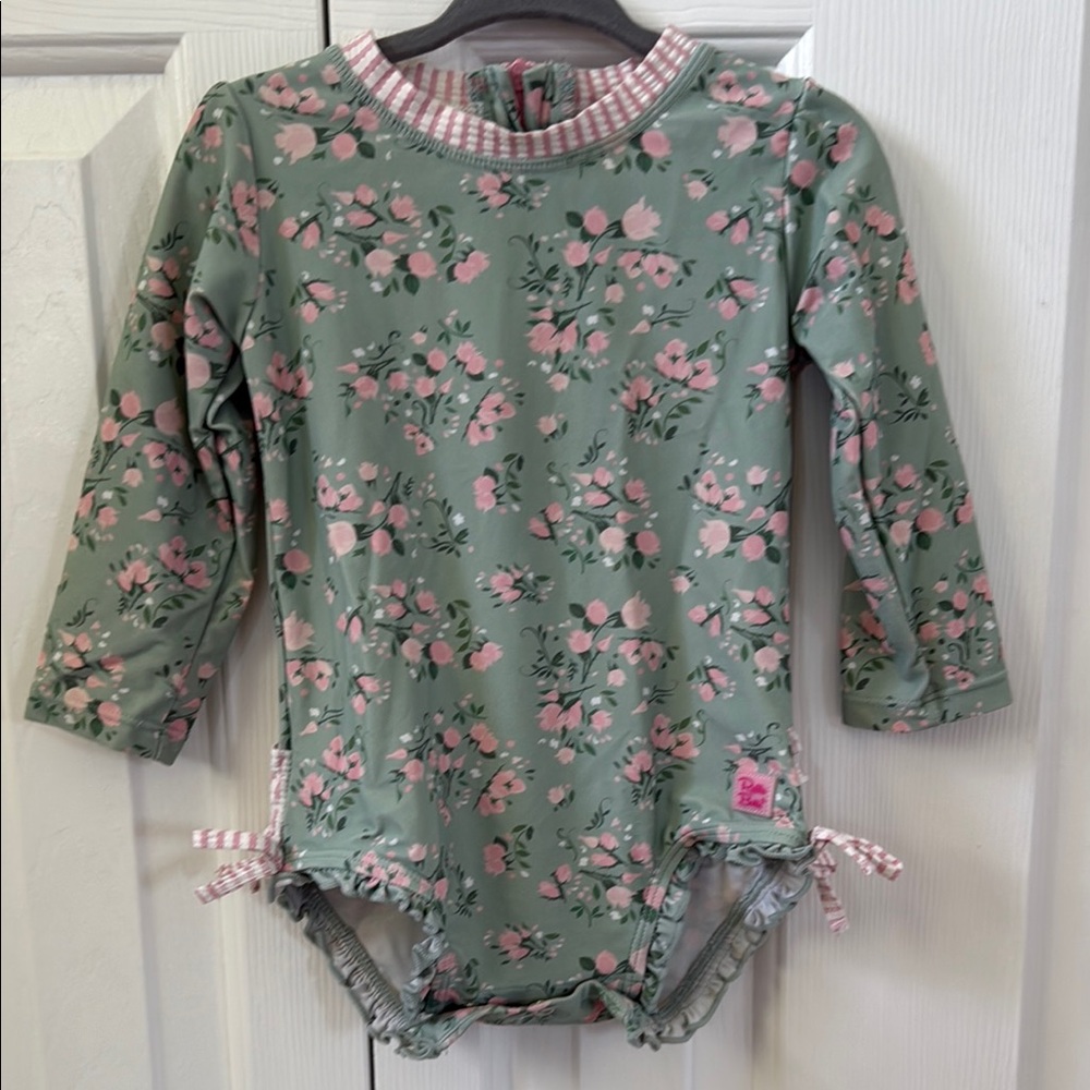 Ruffle Butts Green and Pink Floral Bodysuit with Snap Closure